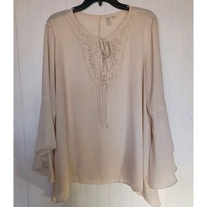 Est 1946 Womens XL Sheer Blouse Top Bell Sleeve Tie Front‎ Beige Color EUC